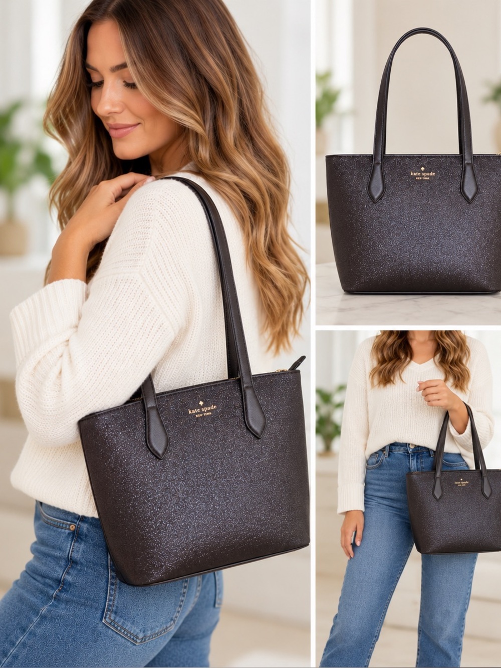 Kate Spade Joeley Glitter Large Tote Bag Black Leather Shoulder Bag